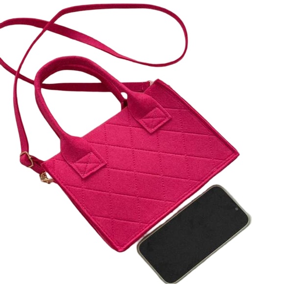 Neon Pink Felt Quilted Square Mini Crossbody Shoulder Bag Purse - Picture 7 of 8